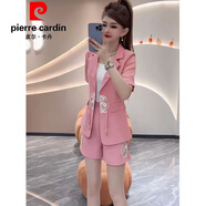 皮爾卡丹（pierre cardin）2025夏季新款國(guó)風(fēng)刺繡拼接純色短袖西裝外套女高腰闊腿褲歐貨套裝 粉色國(guó)風(fēng)刺繡西裝短褲兩件套 M 80-100斤