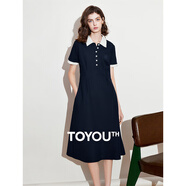 初語(yǔ)清爽珠地連衣裙女2025新款撞色POLO領(lǐng)收腰裙子A型裙 藏青色  XL 