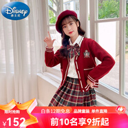 迪士尼（Disney）兒童JK裙子女孩日系學(xué)院風(fēng)小學(xué)生夏裝格裙百褶裙春秋冬裝女童套裝 紅色毛衣開(kāi)衫+裙子+襯衫+領(lǐng)結(jié) 150  適合140-150cm年齡11-12歲