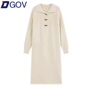 DGOV韓系慵懶風(fēng)粉色麻花毛衣連衣裙女春秋季寬松顯瘦百搭內(nèi)搭針織長裙 米杏色【版】 L 建議110-120斤