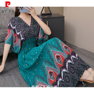 皮爾卡丹2025夏季民族風(fēng)棉綢連衣裙蝙蝠袖碎花V領(lǐng)a字顯瘦高腰仙女沙灘長(cháng)裙 N孔雀底綠 3XL