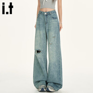 :CHOCOOLATE it設計感燙鉆釘珠破洞牛仔褲女2025夏新款高腰闊腿褲 藍色燙珠破洞長(cháng)褲 【官方正品】 XS