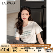 lagogo白色字母印花T恤女拉谷谷2025春季新款設(shè)計(jì)感亮片短袖上衣 本白色 M