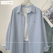 愛(ài)葵茵2025春秋新款襯衫女韓版寬松慵懶風(fēng)遮肉顯瘦長(cháng)袖字母繡花襯衣上衣 藍色 M 建議95-105斤
