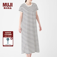 無印良品 MUJI 女式 粗棉線天竺編織 長款短袖喇叭形連衣裙 W9SB131 白色X橫條 XS-S