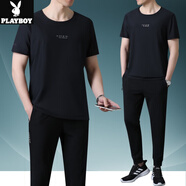 花花公子爸爸夏裝速干短袖套裝2025新款中老年運動(dòng)套裝男士父親t恤圓領(lǐng) HYX-1833 黑色【T恤+長(cháng)褲子】 XL(建議120斤以下)