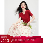 熙世界sllsky夏日絕美套裝穿搭女抽繩收腰短袖上衣碎花a字半身裙兩件套 玫瑰紅 L