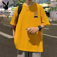 花花公子純棉寬松短袖T恤男夏季2025新款卡通半袖港風(fēng)chic潮牌男生體恤衫 黃色 M