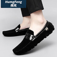 悍風（HumgFeng）品牌磨砂豆豆鞋男2025夏季新款防臭男鞋百搭英倫休閑鞋男潮駕車 黑色 35 標準皮鞋碼