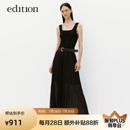 edition連衣裙女新款拼接背心雪紡壓褶黑色收腰長裙 黑色 M