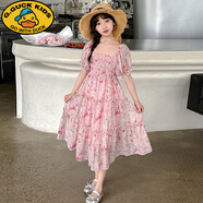 G.duck女童連衣裙夏季2026新款洋氣兒童碎花長(cháng)裙女孩公主裙女大童雪紡裙 粉色 130 cm