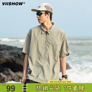 viishow翻領(lǐng)潮牌復(fù)古山系戶外機(jī)能戶外半拉鏈短袖T恤男防曬寬松速干上衣 深軍色 M