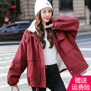 AEMAPE外套女2025春秋冬季新款時(shí)尚短外套女裝羊羔毛加絨加厚工裝 紅色 加厚 XL _建議130-145斤