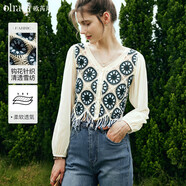 Olrain歐芮兒V領(lǐng)鏤空針織開衫女2024年新款流蘇鉤花民族風(fēng)上衣 藍(lán)色 L