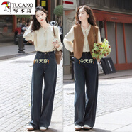 啄木鳥(niǎo)2025早秋新款時(shí)尚套裝洋氣減齡馬甲襯衫疊穿闊腿牛仔褲女 三裝 【套裝】 L 【建議101-120斤】