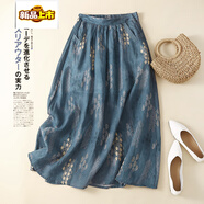 初徑棉麻半身裙大碼胖mm夏季新款半裙花半截裙子媽媽夏裝顯瘦女士夏款 藍色 XL 【建議130-150斤】