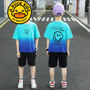 G.DUCKKIDS品牌童裝兒童裝男童夏裝套裝中大童男孩夏季韓版洋帥氣短袖潮衣服 漸變笑臉套裝562款 湖藍色 130 建議身高120CM左右