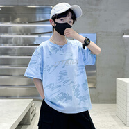FIDQIOG國際潮牌男童夏裝短袖t恤男孩洋氣中大兒童酷帥氣純棉半袖夏季上 藍色【網(wǎng)紅炸街款】 120 cm