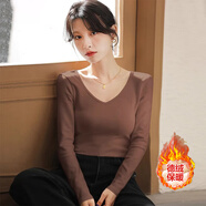 雅鹿v領(lǐng)中袖t恤女低領(lǐng)五分袖純春夏季棉露鎖骨顯瘦內搭打底衫上衣 咖啡色【德絨加厚】 M 【90-102斤】