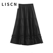 LISCN新款白色半裙A字裙中長款半身裙女蓬蓬裙可愛顯百褶傘裙蛋糕裙潮 黑色半身裙 S