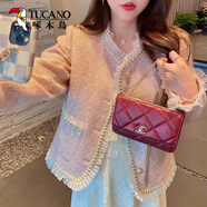 啄木鳥名媛風(fēng)氣質(zhì)小香風(fēng)短款外套女2025春秋季復(fù)古網(wǎng)紗拼接粗花呢上衣潮 粉色 L _115-125斤