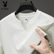 花花公子（PLAYBOY）白色V領(lǐng)冰絲短袖T恤男生夏季新品感痞帥半袖冰涼薄款休閑襯衣 白色 M