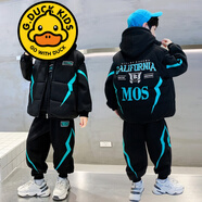 G.DUCKKIDS品牌童裝男童冬裝加絨套裝中大童冬款衛(wèi)衣三件套新款兒童加厚馬甲 黑色馬甲三件套 加絨 130