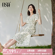 歐莎（OSA）清新V領(lǐng)碎花短袖連衣裙女夏季2025年新款輕薄收腰顯瘦裙子 杏底印花 S