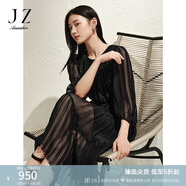 玖姿·安娜蔻優(yōu)雅浪漫壓褶竹節(jié)肌理收腰連衣裙蛋糕裙女2025春季新款 素黑 M