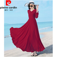 皮爾卡丹（pierre cardin）新款春秋V領(lǐng)女長(cháng)袖純色沙灘度假雪紡連衣裙修身顯瘦飄逸大擺長(cháng)裙 酒紅色 2XL 【建議125-135斤