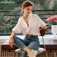 Olrain歐芮兒白色長袖襯衫女春夏寬松慵懶風休閑百搭襯衣 米白色 XL 