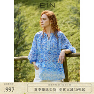 EIN藍(lán)調(diào)星語(yǔ) EIN言浪漫印花蕾絲花邊燈籠袖文藝上衣女2025夏新款 寶藍(lán) M