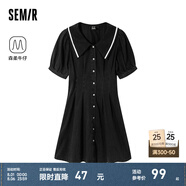 森馬牛仔連衣裙女撞色大翻領(lǐng)學(xué)院風(fēng)森柔牛仔夏收腰泡泡袖短裙甜酷 牛仔水洗黑98201 160/84A/M