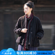 娟的絹冬季女士文藝復(fù)古拼色盤扣寬松棉襖純色立領(lǐng)短款夾棉加厚棉衣 黑色 均碼