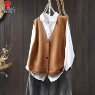 皮爾卡丹（pierre cardin）春秋裝外穿純色V領(lǐng)棉線(xiàn)針織開(kāi)衫馬甲背心女寬松無(wú)袖疊穿毛衣坎肩 焦糖色 優(yōu)選品質(zhì) M