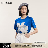 謎底T恤短袖女士夏季新品文藝風(fēng)圓領(lǐng)貼布繡花上衣242MT0712 鈷藍(lán) M