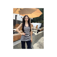 辣妹風(fēng)黑白條紋掛脖背心吊帶女夏季設計感露背中長(cháng)款無(wú)袖外穿上衣 黑色條紋 M