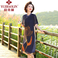俞兆林貴夫人媽媽時尚連衣裙中年洋氣雪紡裙子中老年夏裝氣質(zhì)長裙女 藏青色 233大花連衣裙   藏青色 XL 建議90-105斤