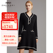 珍貝純羊絨連衣裙秋冬新款女裝V領(lǐng)長(zhǎng)袖短裙子時(shí)尚拼色TM8143 黑色 L 105