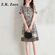Z.R.Zoro奢侈品連衣裙女2025夏季新款收腰顯瘦a字裙法式復(fù)古風(fēng)印花連衣裙 圖片色 M