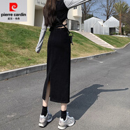 皮爾卡丹（pierre cardin）黑色開(kāi)叉裙半身裙女秋季新款梨形身材大碼高腰顯瘦遮胯a字裙 黑色 S