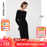 朗姿羊毛一字領(lǐng)法式復(fù)古氣質(zhì)長(zhǎng)袖針織連衣裙冬季新款裙子 黑色 M