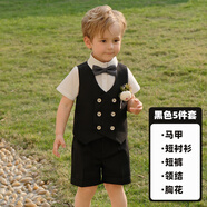 DUTRIEUX男童禮服兒童周歲禮服男寶寶西裝套裝短袖馬甲花童西服鋼琴演出服 黑色5件套(馬甲+短褲+短袖+領(lǐng)結） 90 cm：建議體重20-28斤