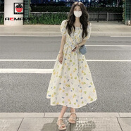 AEMAPE森系小清新甜美方領(lǐng)碎花連衣裙2025夏新款簡(jiǎn)約寬松收腰顯瘦中長(cháng)裙 圖片色 M 建議95-110斤