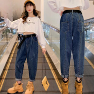 G.DUCKKIDS小黃鴨女童2025春秋新款寬松牛仔褲兒童中大童洋氣哈倫休閑長(cháng)褲子 藍色 170 cm