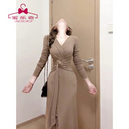 蜜樂(lè )奇長(cháng)袖連衣裙秋天女2025年新款氣質(zhì)粉色扭結v領(lǐng)春秋季修身綁帶裙子 卡其色【氣質(zhì)顯瘦】 S 建議【70-90斤】