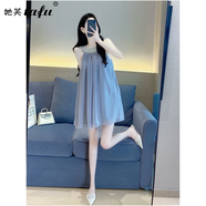 她芙（tafu）品牌女裝無袖連衣裙女夏2025新款氣質(zhì)法式名媛復(fù)古遮肉顯瘦掛脖裙 藍(lán)色 M