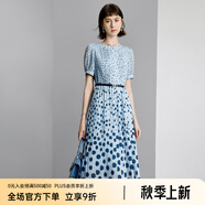 顏域時尚波點連衣裙2024新款女夏季通勤藍色圓領(lǐng)中長款短袖裙子女 藍波點 L/40