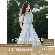 茵曼（INMAN）夏季法式收腰提花肌理女裝方領連衣裙文藝風泡泡袖裙子 淺藍色 S