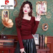 皮爾卡丹（pierre cardin）安哥拉紅露肩長(cháng)t袖恤女秋季修身顯瘦內搭打底衫體恤短款褶皺上衣 酒紅色 M 建議90-100斤